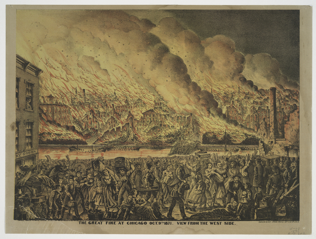 Illustration of the Great Chicago Fire of 1871 viewed from the west side
