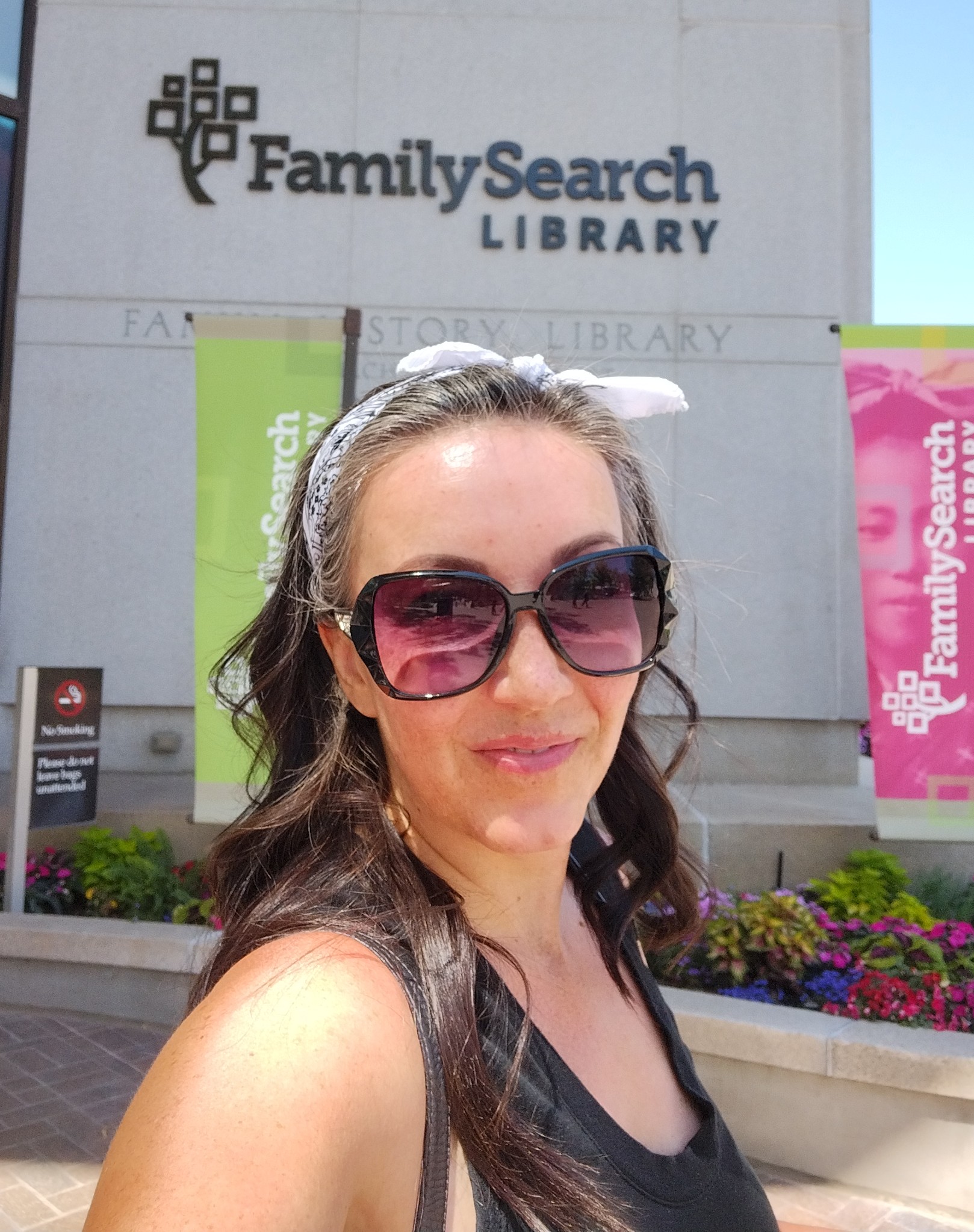 Becky Davis outside the FamilySearch Library