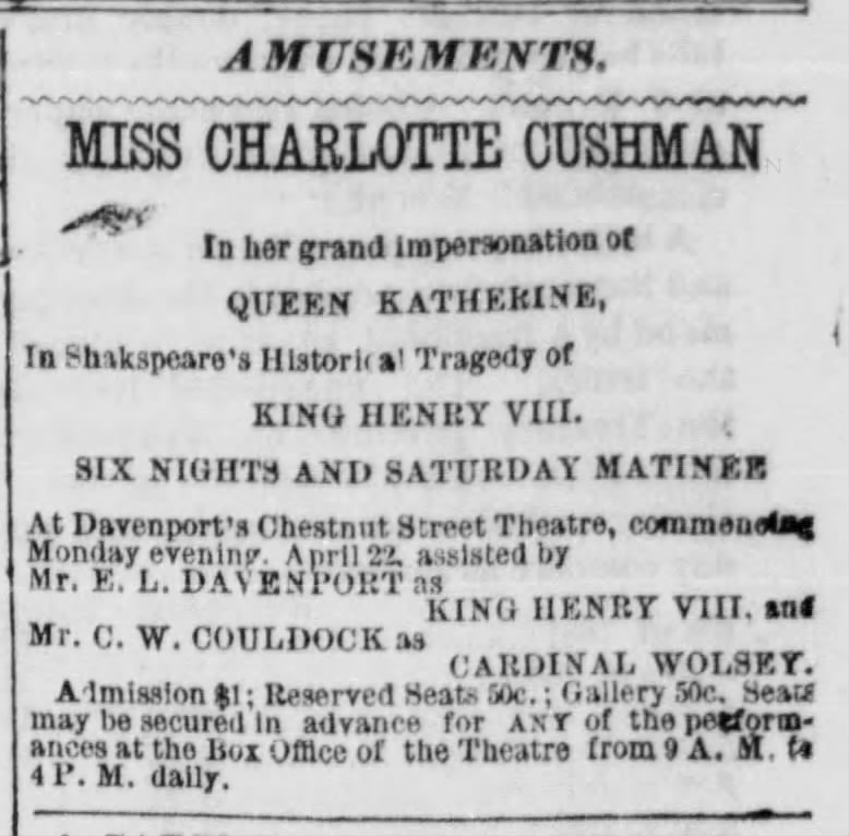 Philadelphia newspaper advertisement for C.W. Couldock appearing in Henry VIII during the week Eliza Couldock died