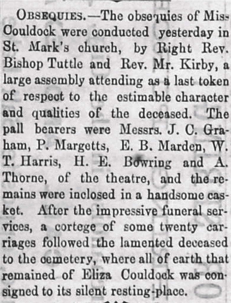 Newspaper account of Eliza Couldock's funeral at St. Mark's Church in Salt Lake City