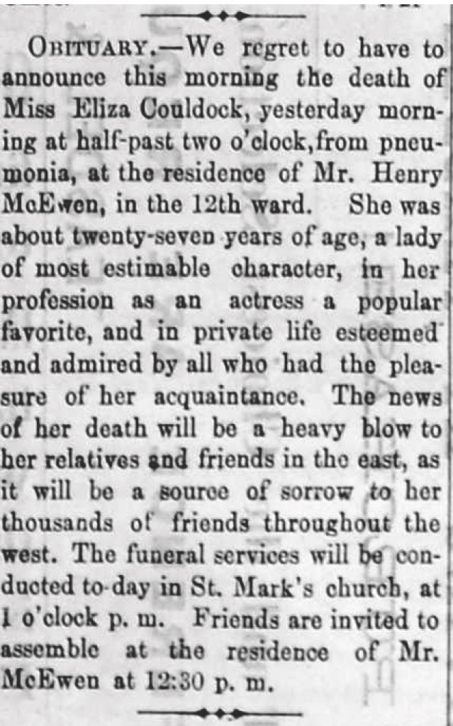Salt Lake Herald obituary announcing the death of actress Eliza Couldock