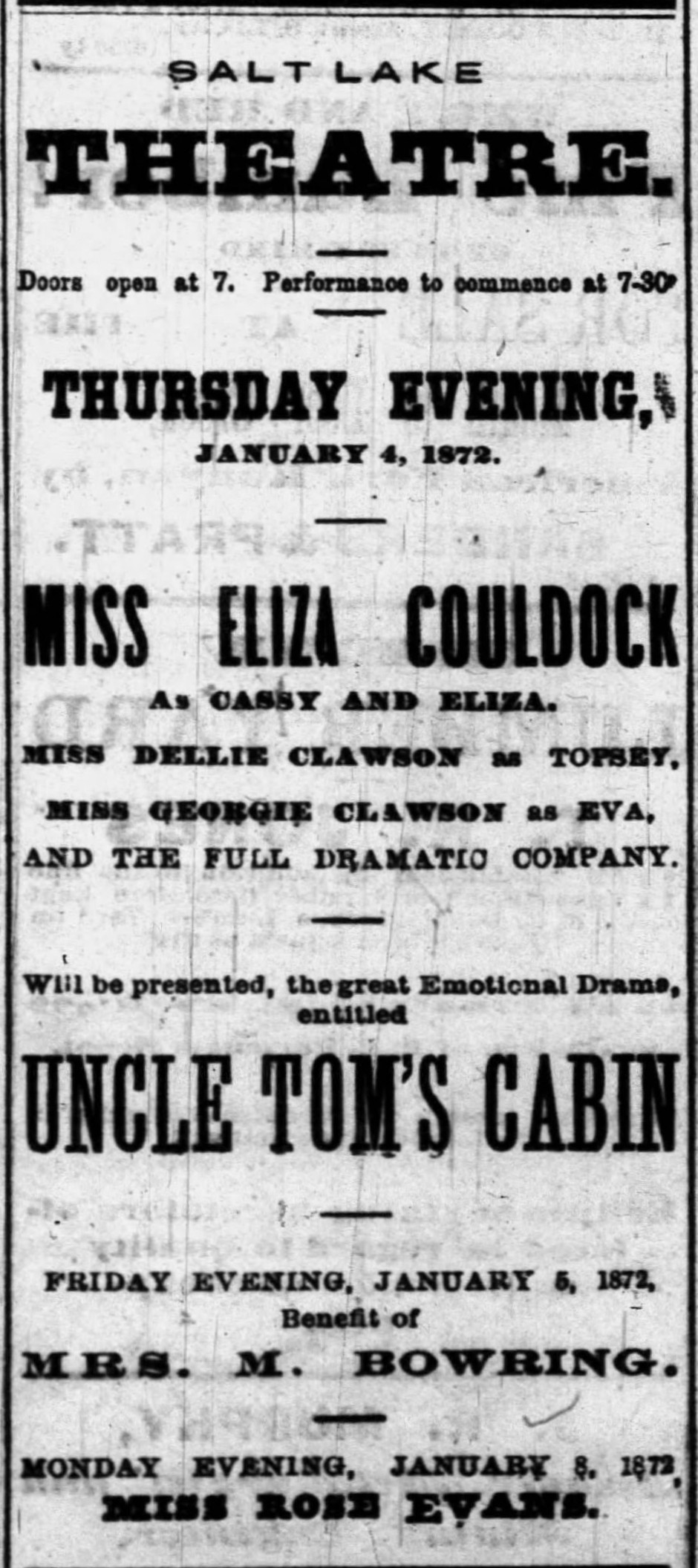 Salt Lake Theatre advertisement featuring Eliza Couldock in Uncle Tom's Cabin in January 1872