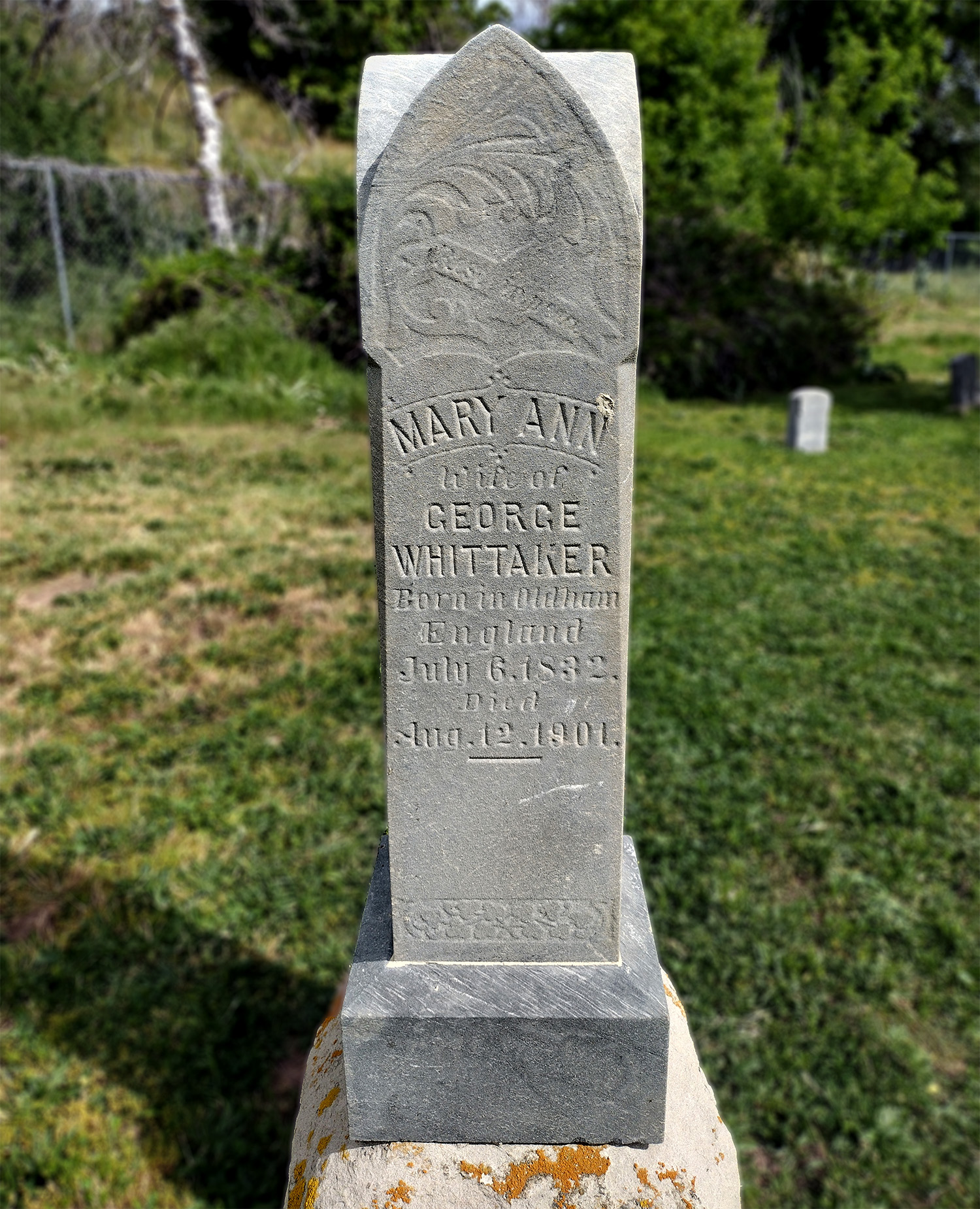 Gravestone for Mary Ann Whittaker in Mt. Olivet Cemetery