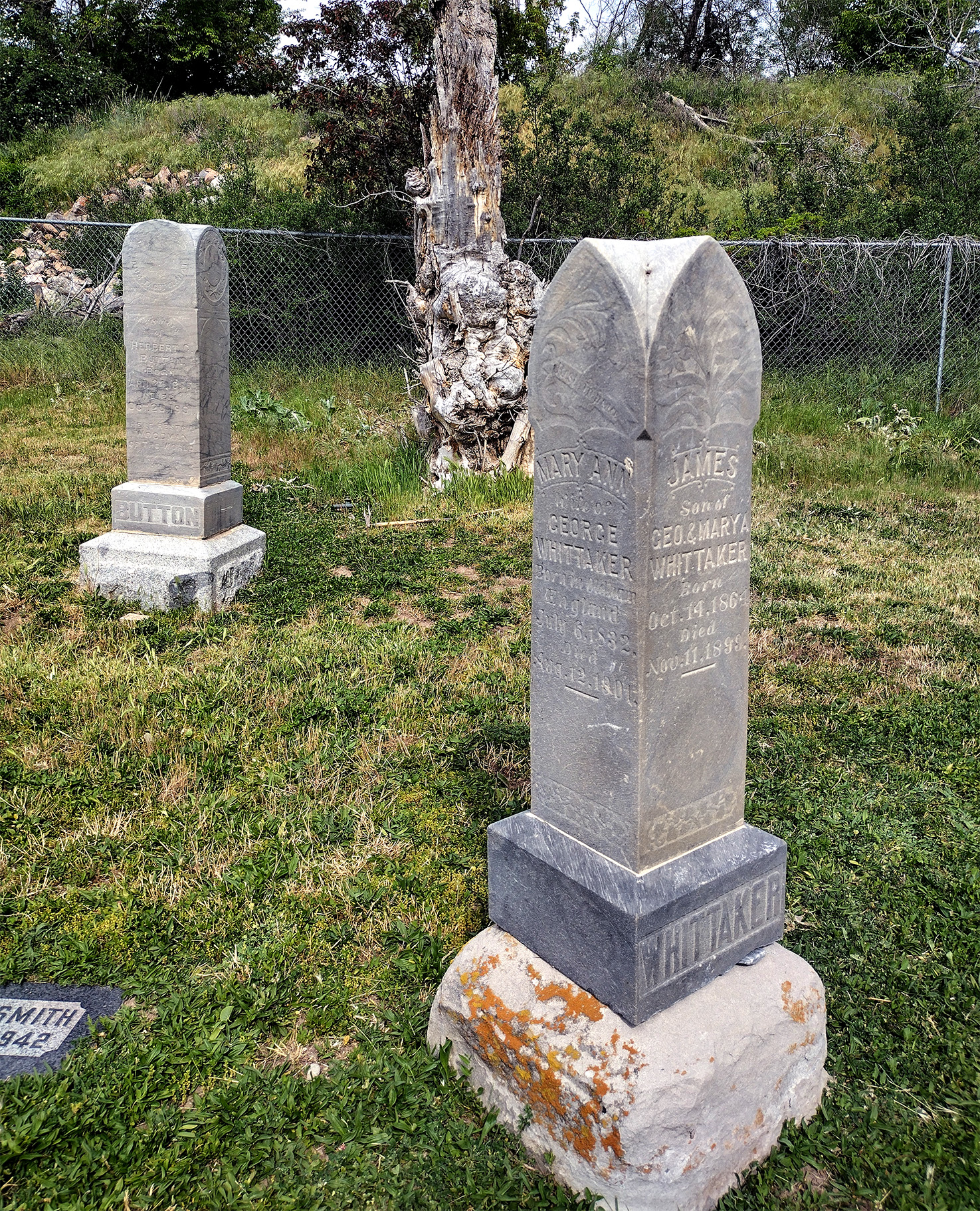 The two-sided Whittaker gravestone for Mary Ann and James in Mt. Olivet Cemetery